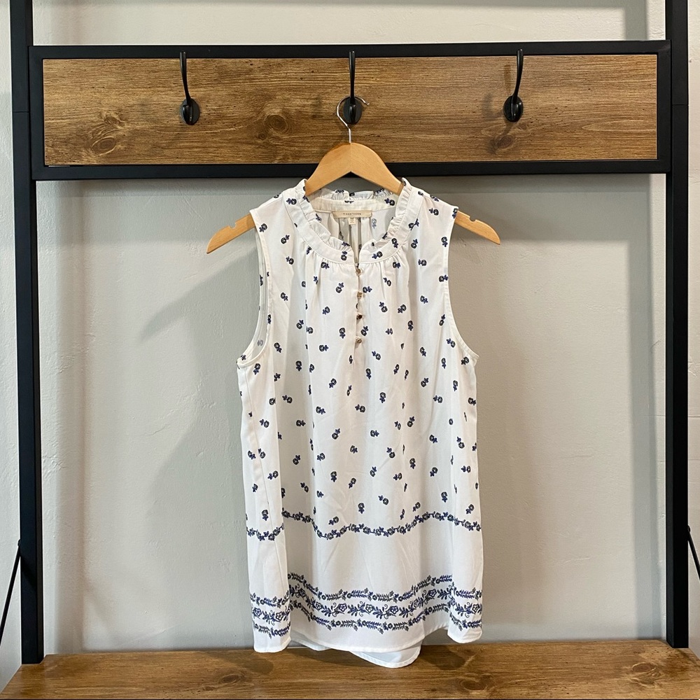 White Sleeveless Blouse- Floral Detail & Gold Buttons